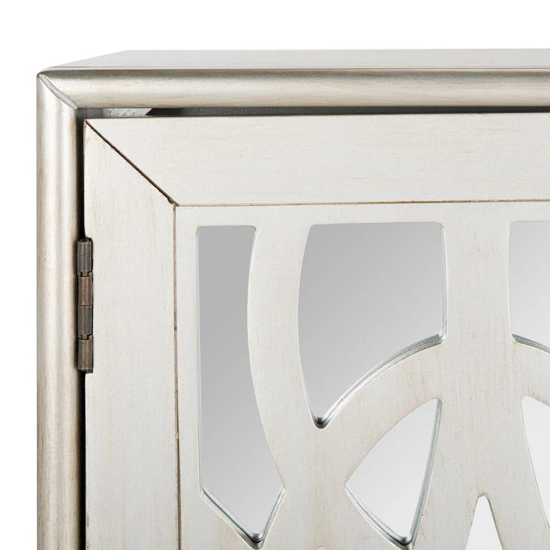 2-Door Mirrored Storage Chest Silver Finish Solid Wood Geometric Cabinet