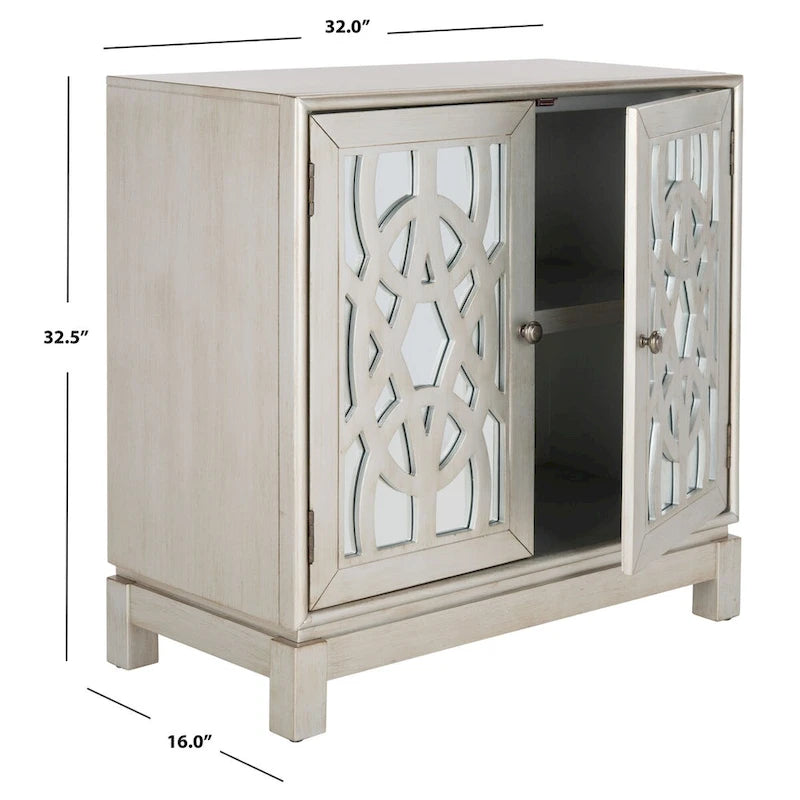 2-Door Mirrored Storage Chest Silver Finish Solid Wood Geometric Cabinet