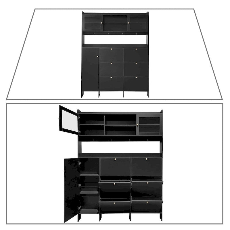 Tall Freestanding Shoe Storage Cabinet with Flip Drawers and Hooks, White & Black