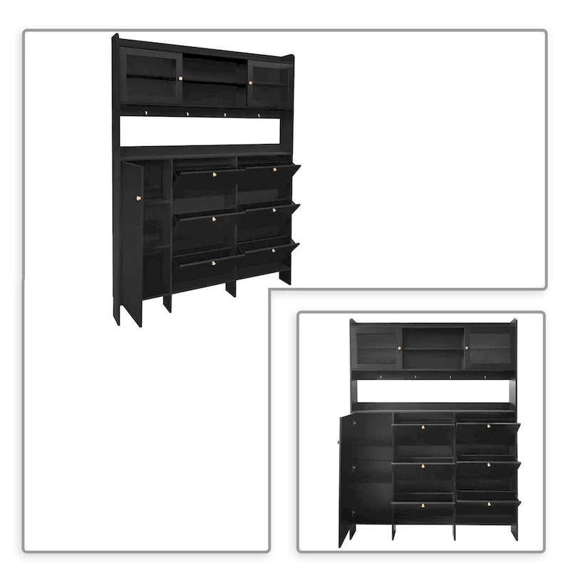 Tall Freestanding Shoe Storage Cabinet with Flip Drawers and Hooks, White & Black