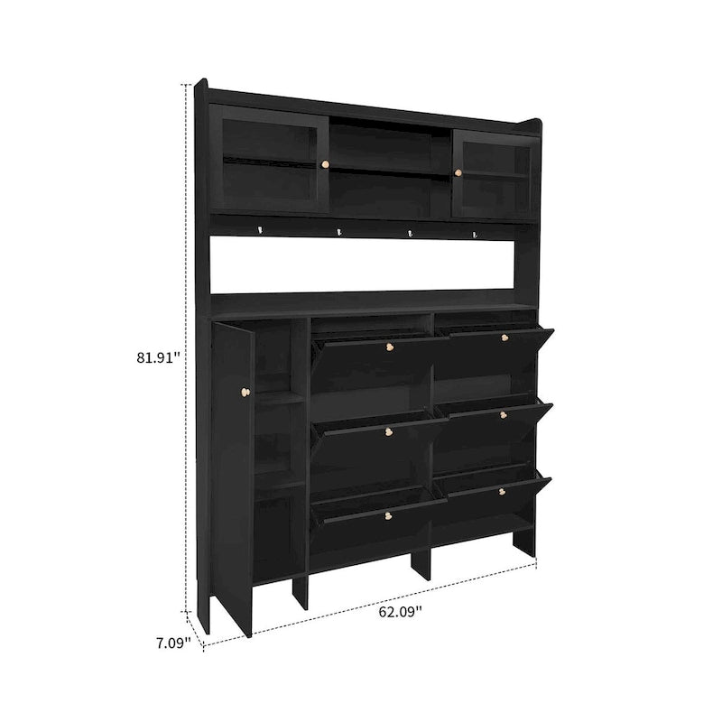 Tall Freestanding Shoe Storage Cabinet with Flip Drawers and Hooks, White & Black