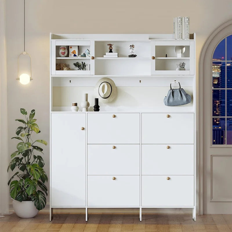 Tall Freestanding Shoe Storage Cabinet with Flip Drawers and Hooks, White & Black