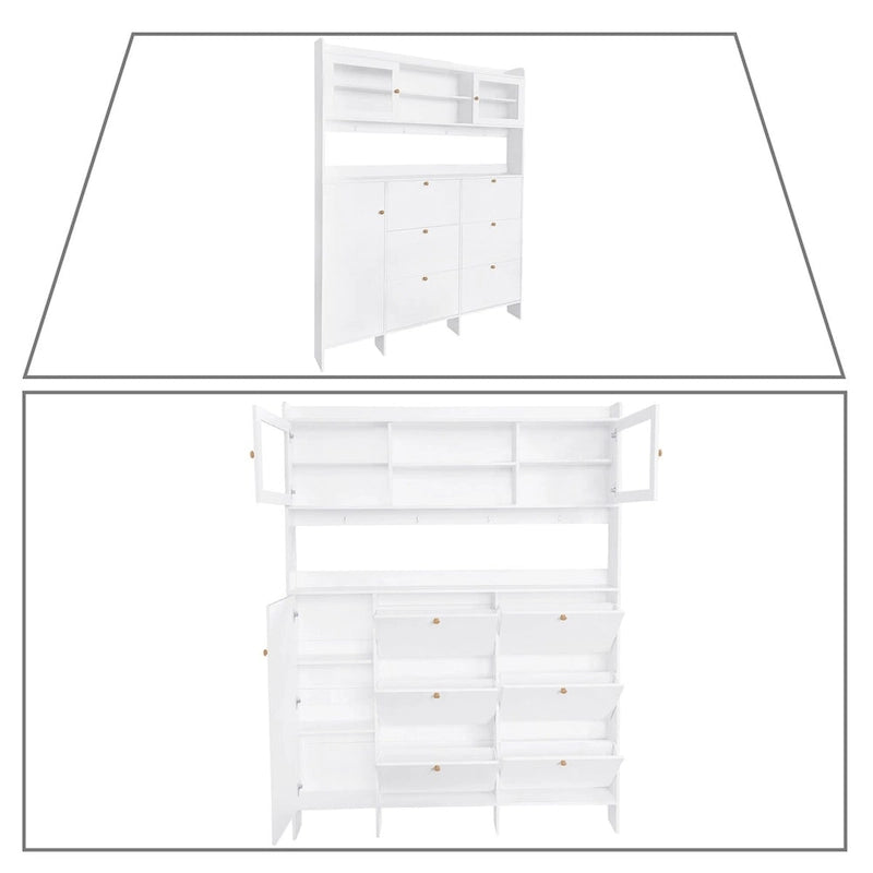 Tall Freestanding Shoe Storage Cabinet with Flip Drawers and Hooks, White & Black