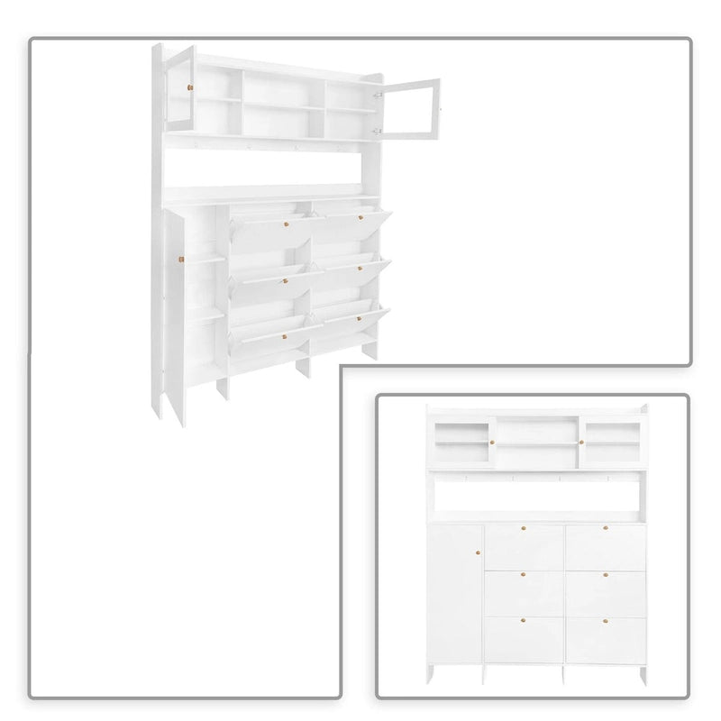 Tall Freestanding Shoe Storage Cabinet with Flip Drawers and Hooks, White & Black