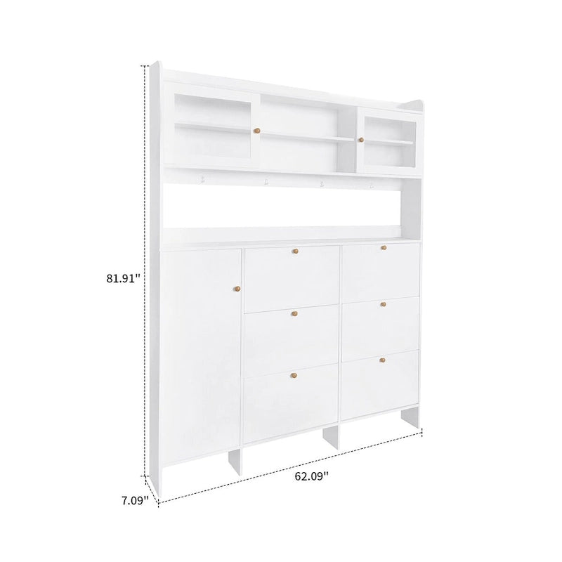 Tall Freestanding Shoe Storage Cabinet with Flip Drawers and Hooks, White & Black