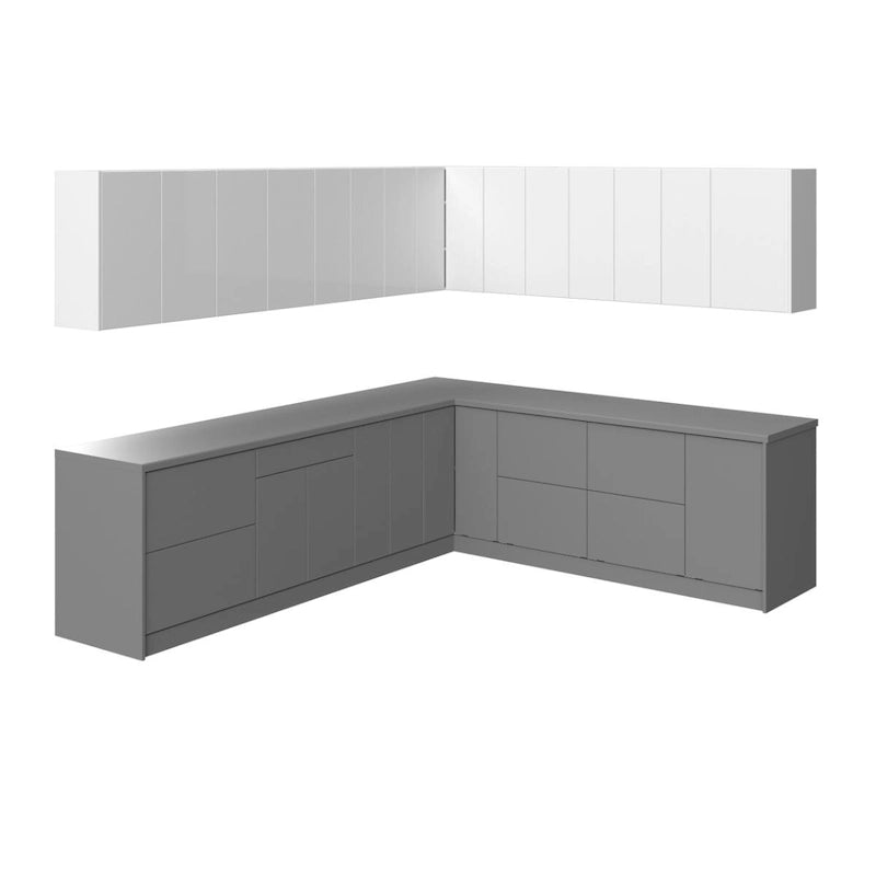 L-Shaped Modern Gray Matte Kitchen Wall and Base Cabinet