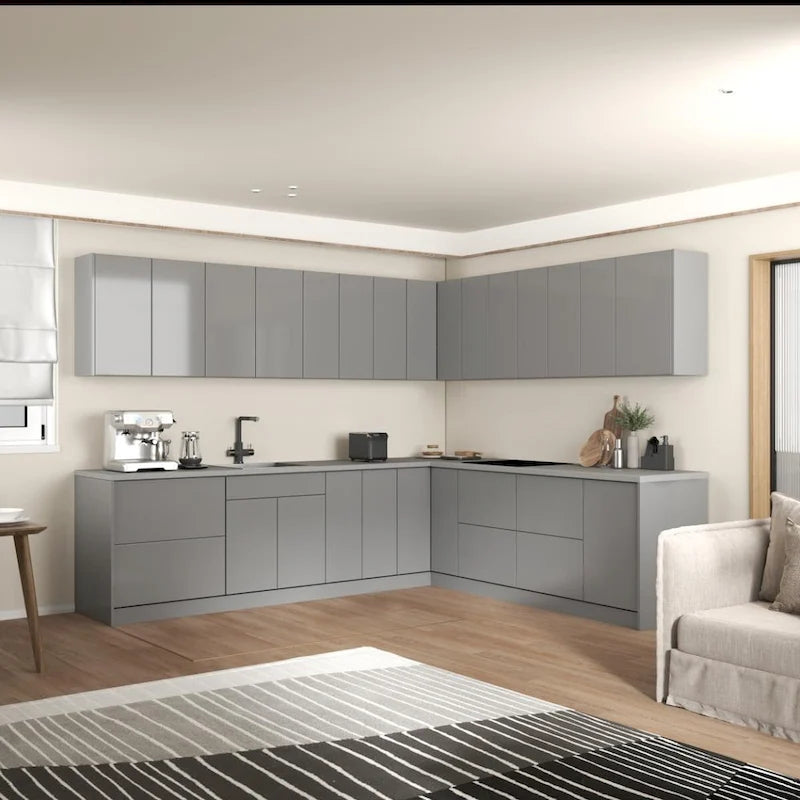 L-Shaped Modern Gray Matte Kitchen Wall and Base Cabinet