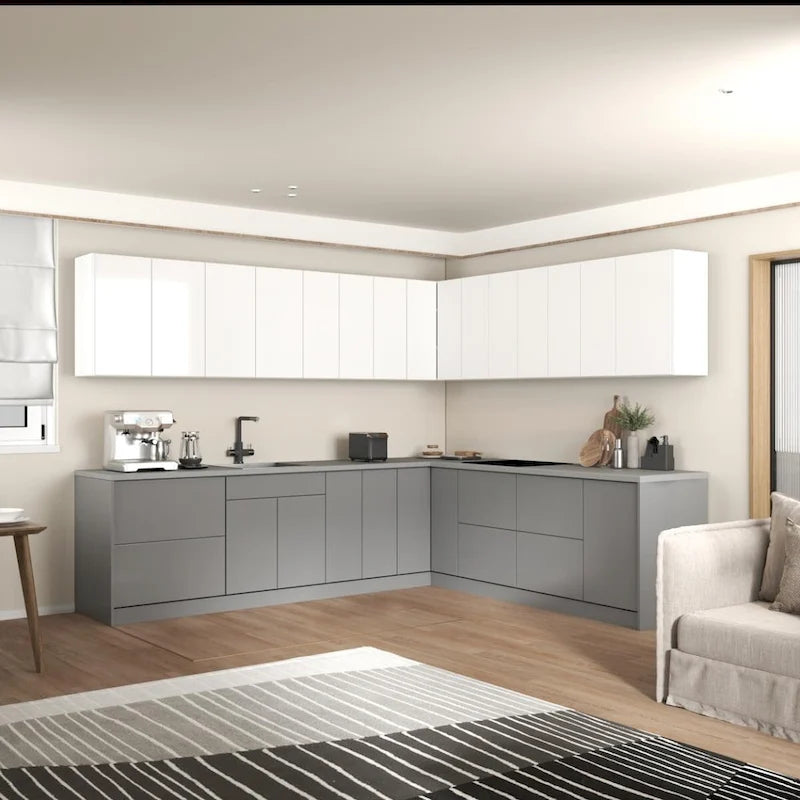 L-Shaped Modern Gray Matte Kitchen Wall and Base Cabinet