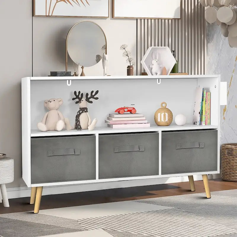 White Grey & Pink Wooden Storage Cabinet with Fabric Drawers and Open Shelf