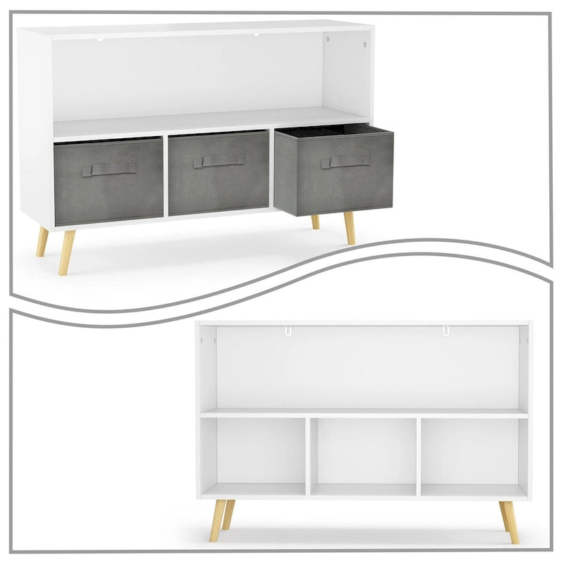 White Grey & Pink Wooden Storage Cabinet with Fabric Drawers and Open Shelf