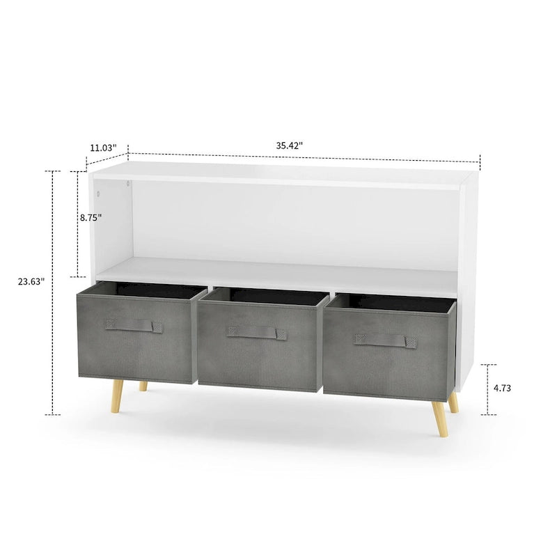 White Grey & Pink Wooden Storage Cabinet with Fabric Drawers and Open Shelf