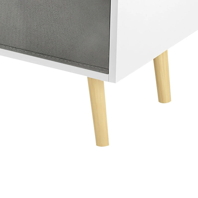 White Grey & Pink Wooden Storage Cabinet with Fabric Drawers and Open Shelf