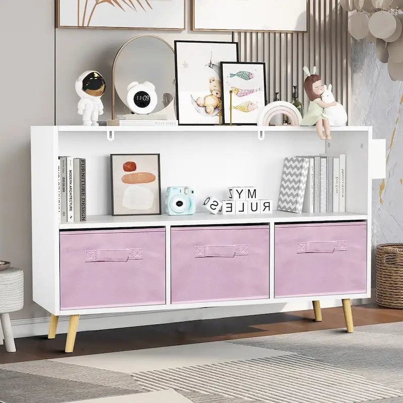 White Grey & Pink Wooden Storage Cabinet with Fabric Drawers and Open Shelf