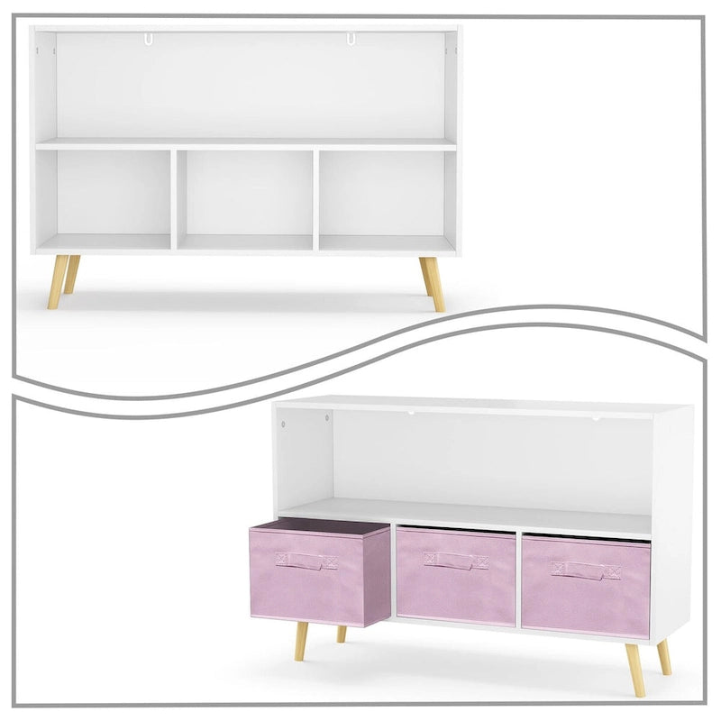 White Grey & Pink Wooden Storage Cabinet with Fabric Drawers and Open Shelf
