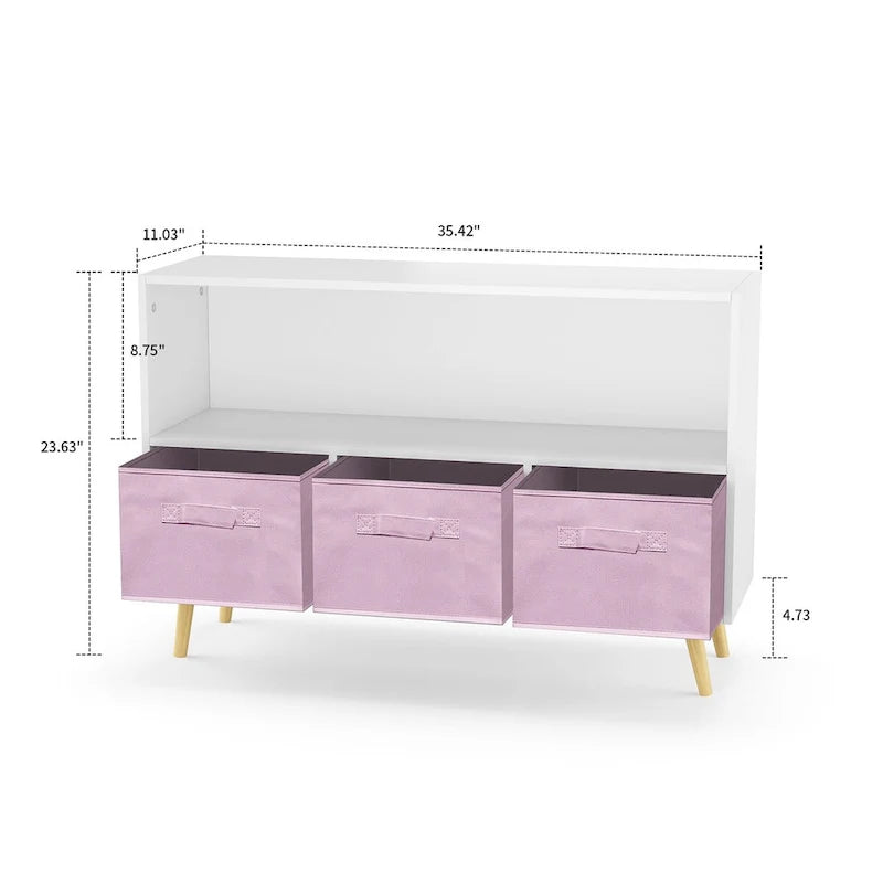 White Grey & Pink Wooden Storage Cabinet with Fabric Drawers and Open Shelf