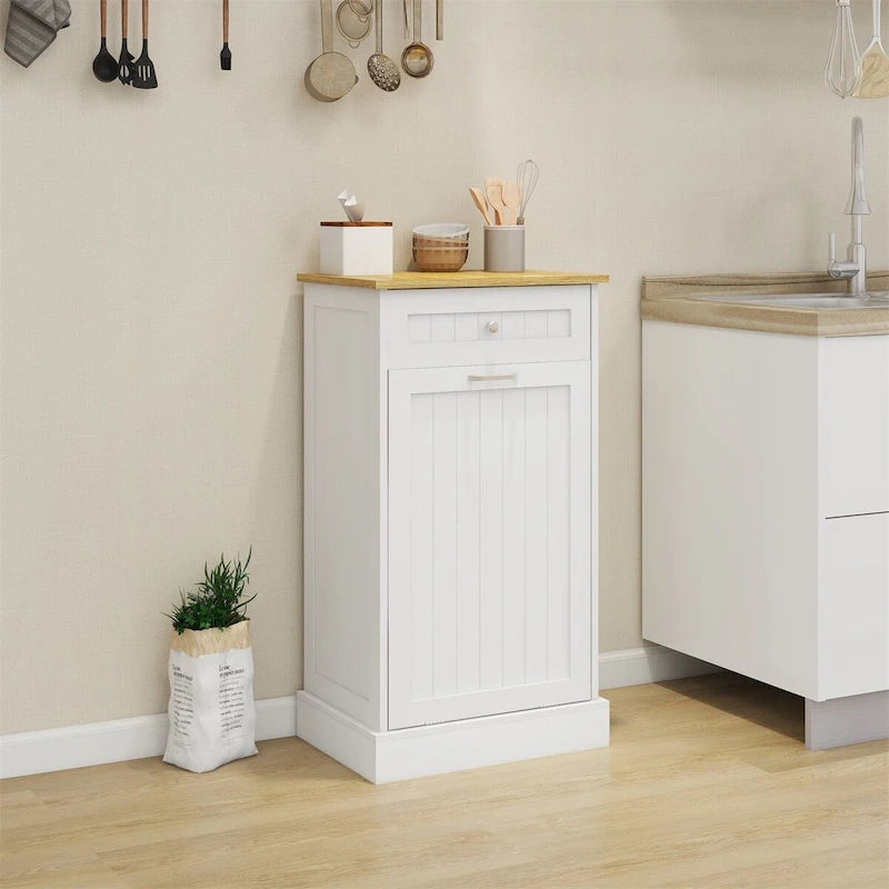 Tilt-Out Trash Cabinet with Storage Drawer White Black Wood