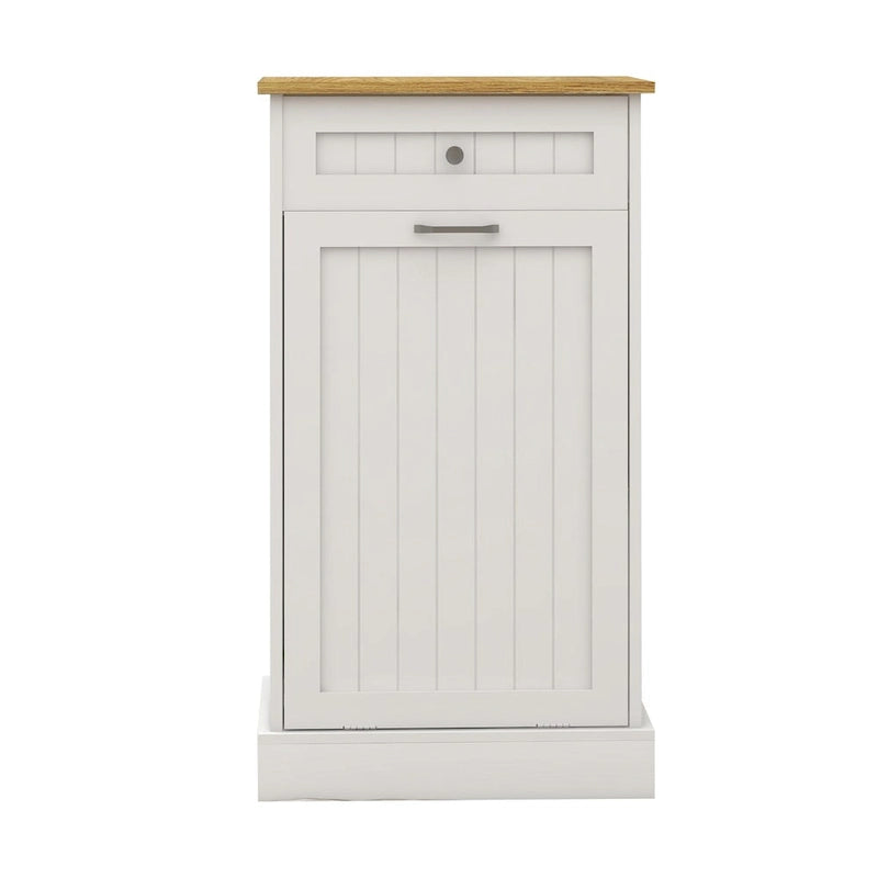 Tilt-Out Trash Cabinet with Storage Drawer White Black Wood