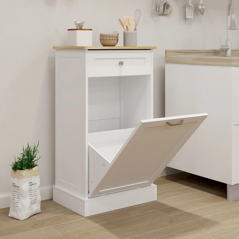 Tilt-Out Trash Cabinet with Storage Drawer White Black Wood