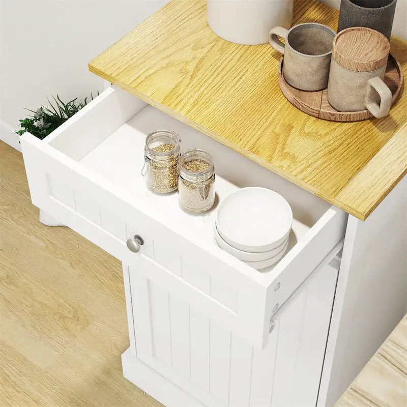 Tilt-Out Trash Cabinet with Storage Drawer White Black Wood