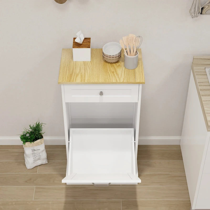 Tilt-Out Trash Cabinet with Storage Drawer White Black Wood