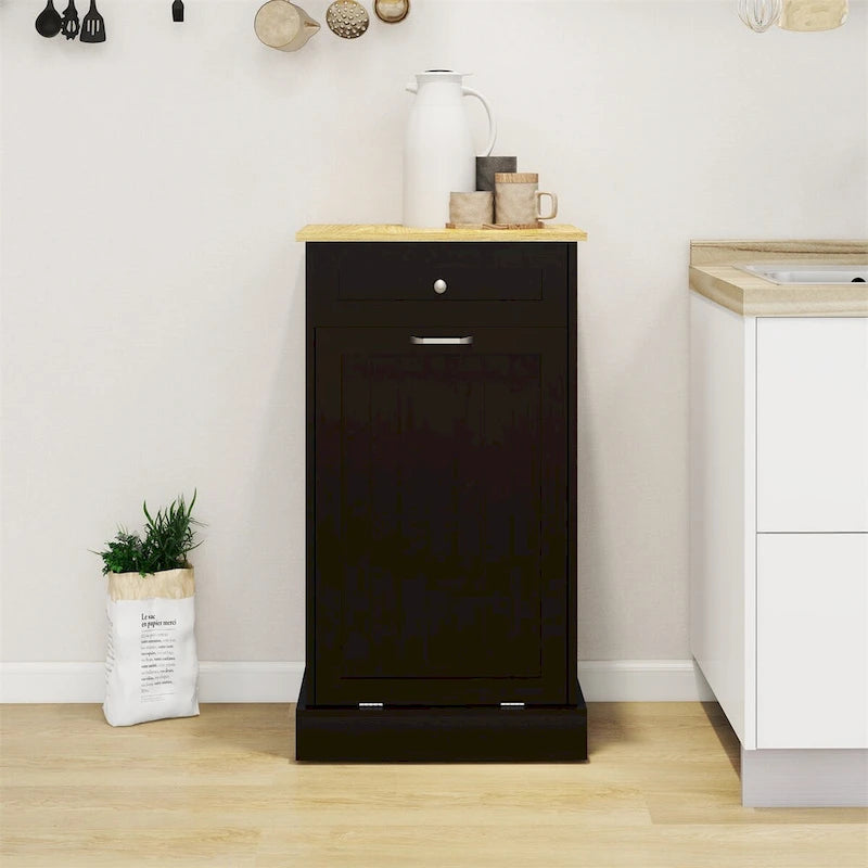 Tilt-Out Trash Cabinet with Storage Drawer White Black Wood