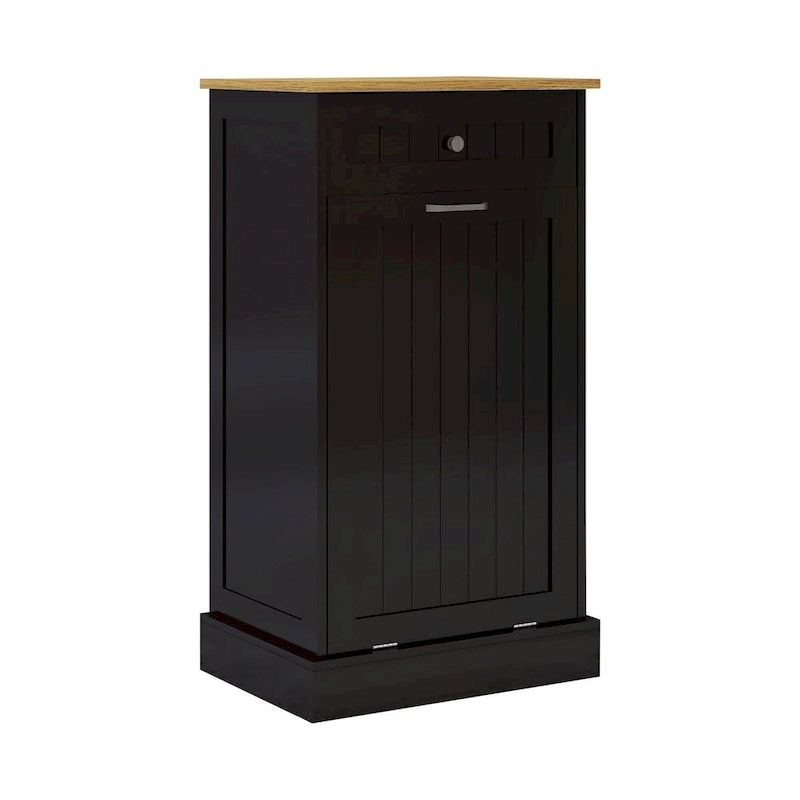 Tilt-Out Trash Cabinet with Storage Drawer White Black Wood