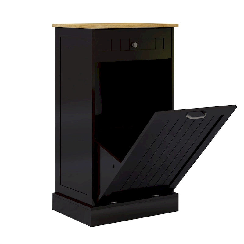 Tilt-Out Trash Cabinet with Storage Drawer White Black Wood