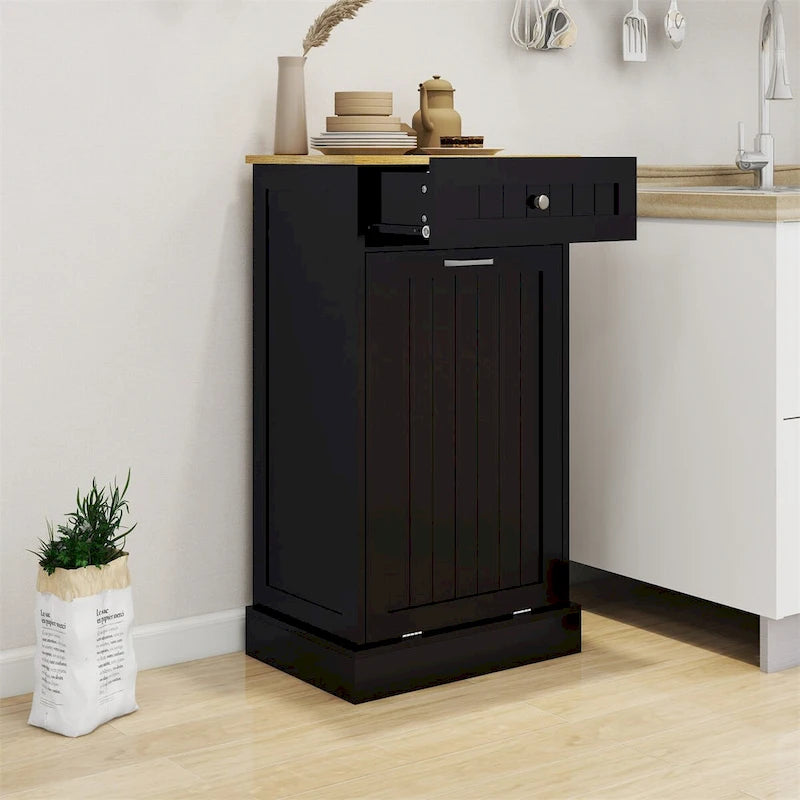 Tilt-Out Trash Cabinet with Storage Drawer White Black Wood