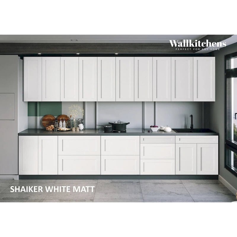 White Matte Kitchen Wall and Base Cabinets with Drawer Fronts