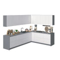 L-Shaped White Gloss Kitchen Cabinet System with Gray Countertop