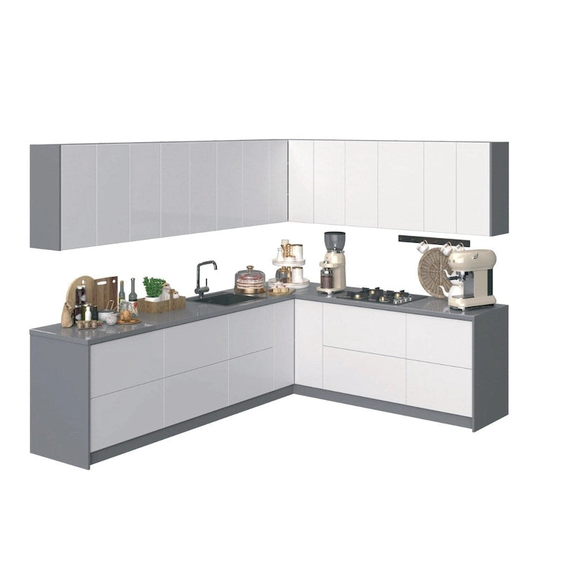 L-Shaped White Gloss Kitchen Cabinet System with Gray Countertop
