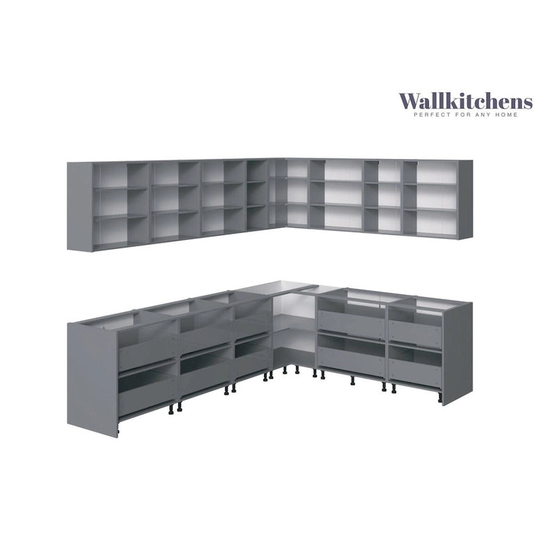 L-Shaped White Gloss Kitchen Cabinet System with Gray Countertop