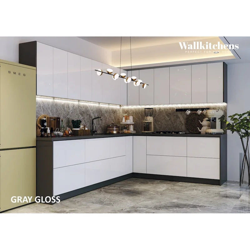 L-Shaped White Gloss Kitchen Cabinet System with Gray Countertop