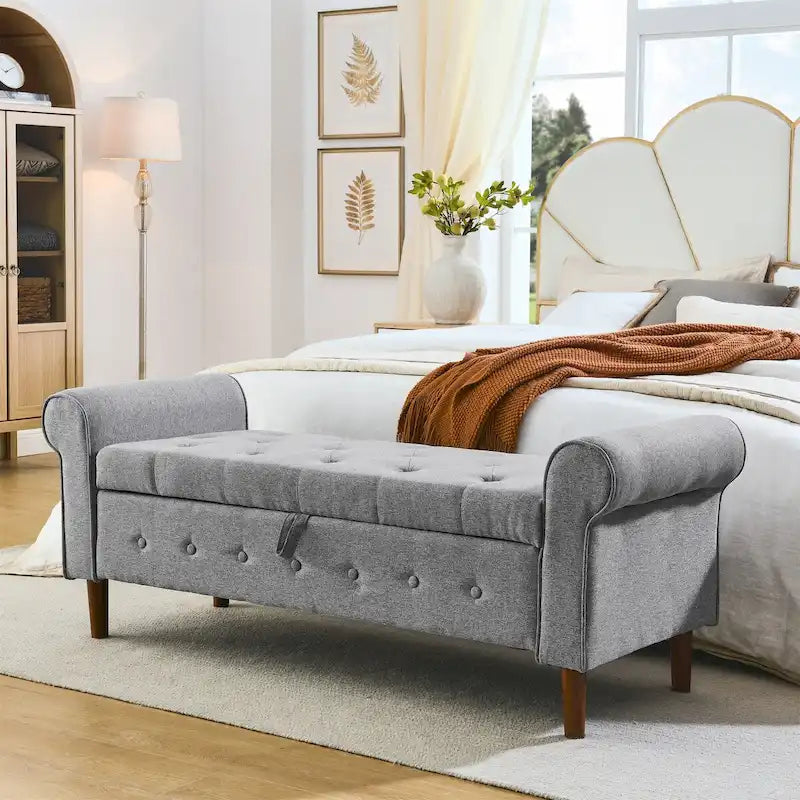 Tufted Button Storage Bench with Rolled Arms Grey Black
