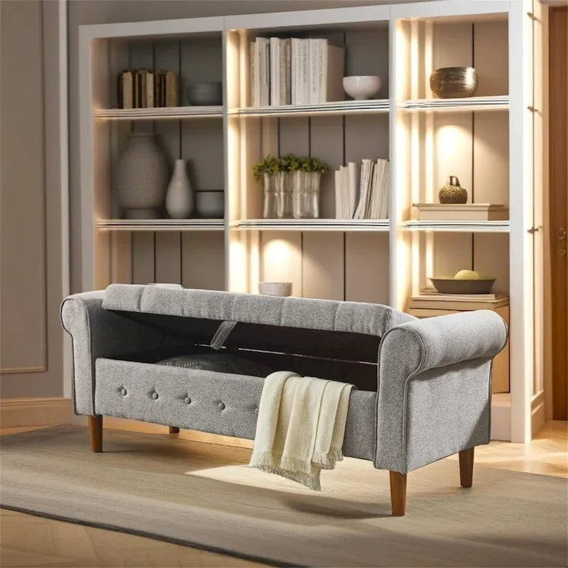 Tufted Button Storage Bench with Rolled Arms Grey Black