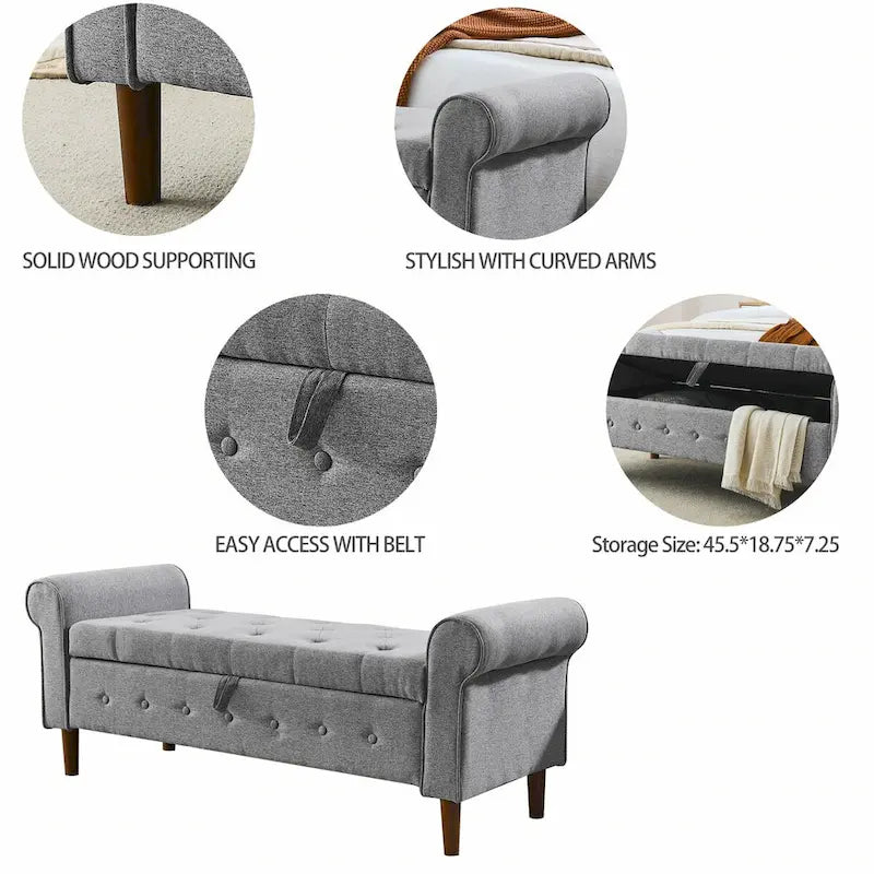 Tufted Button Storage Bench with Rolled Arms Grey Black