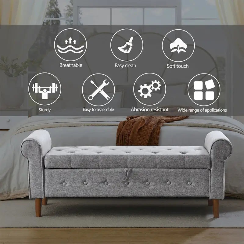 Tufted Button Storage Bench with Rolled Arms Grey Black