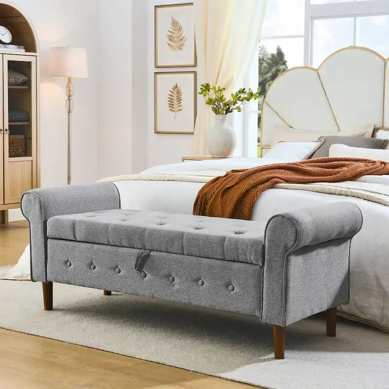 Tufted Button Storage Bench with Rolled Arms Grey Black