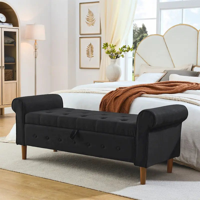 Tufted Button Storage Bench with Rolled Arms Grey Black