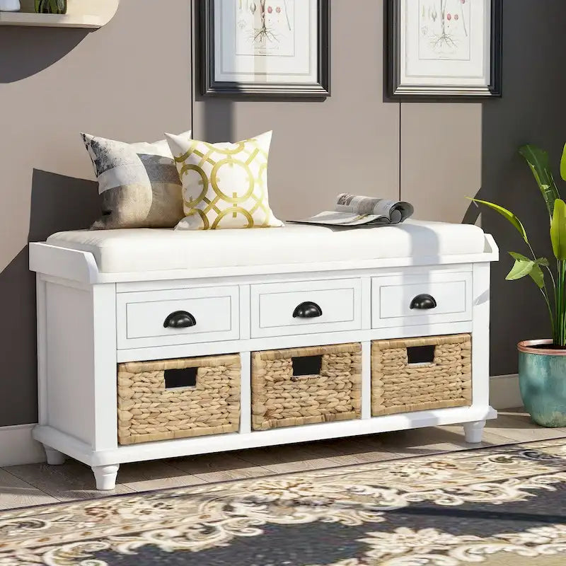 Banc de rangement rustique en acacia avec tiroirs et paniers en osier, blanchi