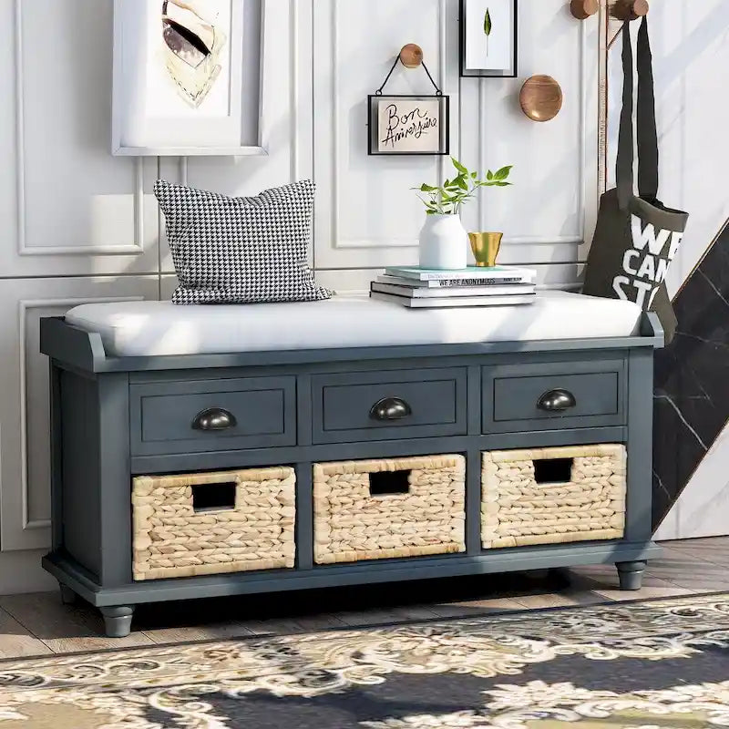 Banc de rangement rustique en acacia avec tiroirs et paniers en osier, blanchi