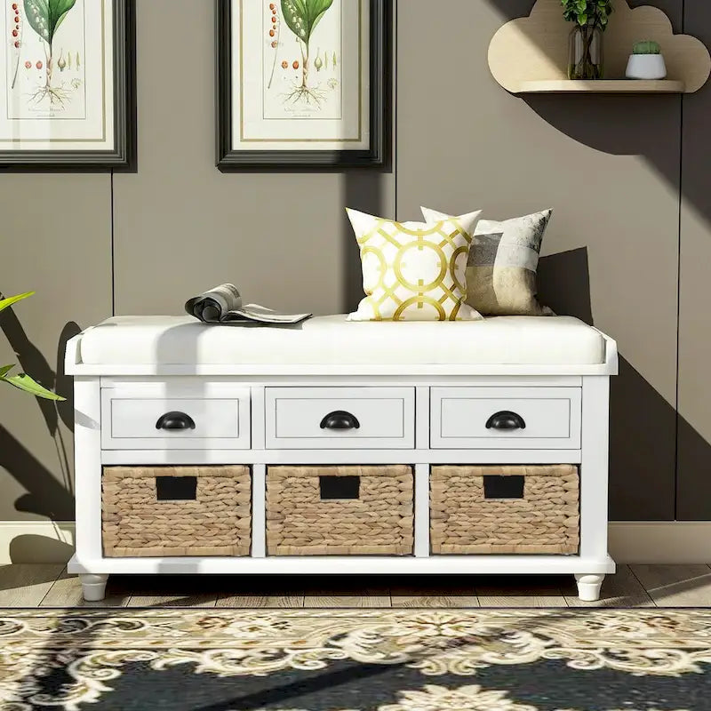 Rustic Acacia Wood Storage Bench with Drawers and Wicker Baskets, White Washed