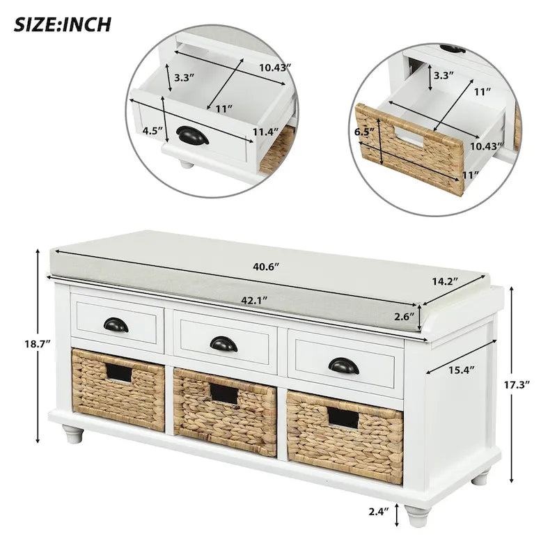 Rustic Acacia Wood Storage Bench with Drawers and Wicker Baskets, White Washed