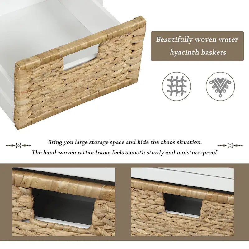 Rustic Acacia Wood Storage Bench with Drawers and Wicker Baskets, White Washed