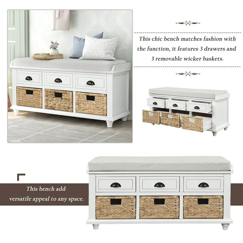Rustic Acacia Wood Storage Bench with Drawers and Wicker Baskets, White Washed
