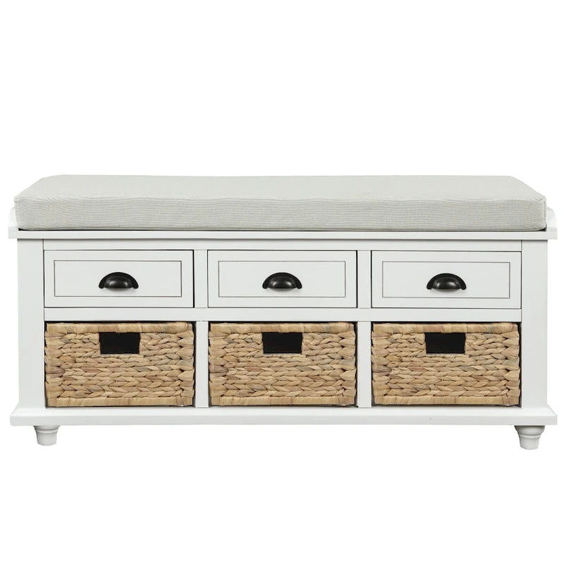 Rustic Acacia Wood Storage Bench with Drawers and Wicker Baskets, White Washed