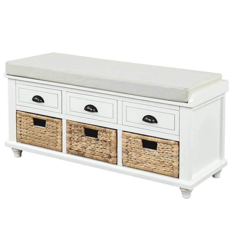 Rustic Acacia Wood Storage Bench with Drawers and Wicker Baskets, White Washed