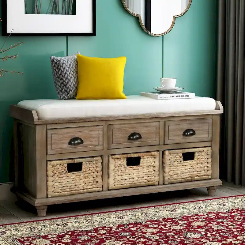 Rustic Acacia Wood Storage Bench with Drawers and Wicker Baskets, White Washed
