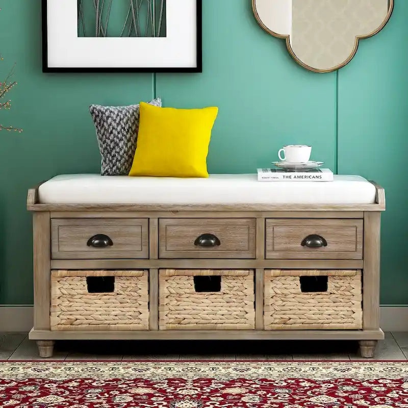 Rustic Acacia Wood Storage Bench with Drawers and Wicker Baskets, White Washed