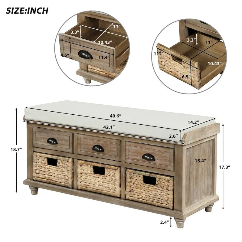 Rustic Acacia Wood Storage Bench with Drawers and Wicker Baskets, White Washed